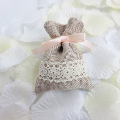 Sacchetto portaconfetti shabby, con pizzo di cotone, per bomboniere di matrimonio, nascita, battesimo, cresima, comunione