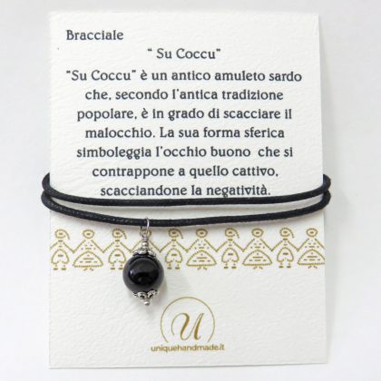 Bracciale tradizionale sardo fatto a mano con amuleto "Su coccu" in pietra ossidiana.